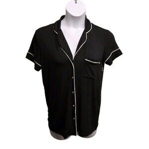 Alfani Womens Medium Black Button Up Pajama Top Short Sleeve Modal Knit